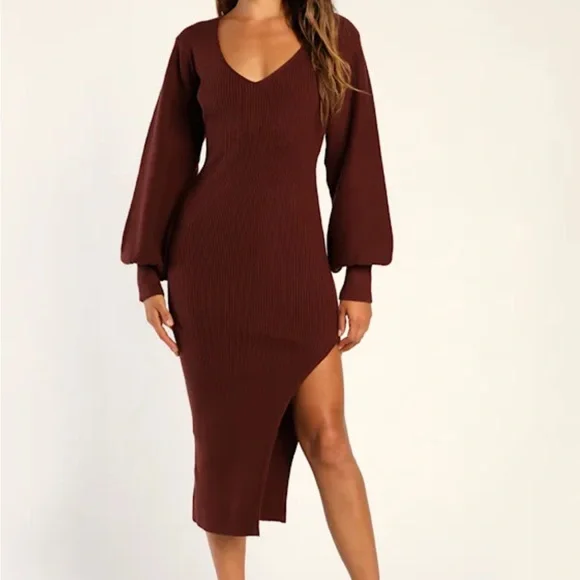 Lulus Autumn Darling Chocolate Brown Balloon Sleeve Midi Knit Sweater‎ Dress - Picture 10 of 10